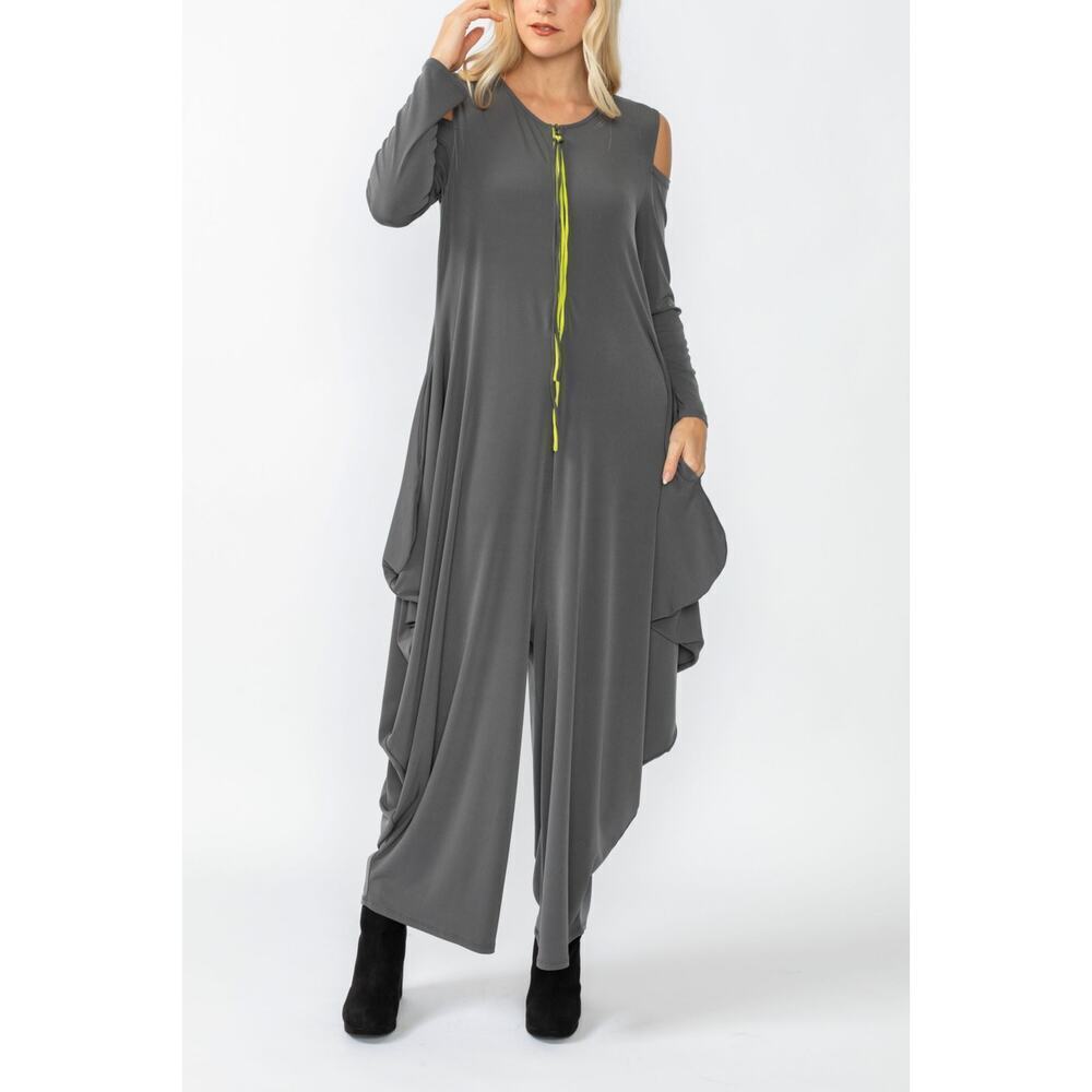 IC by Connie K Gray Lagenlook Jumpsuit Cold Shoulder Artsy Drape Style XL
